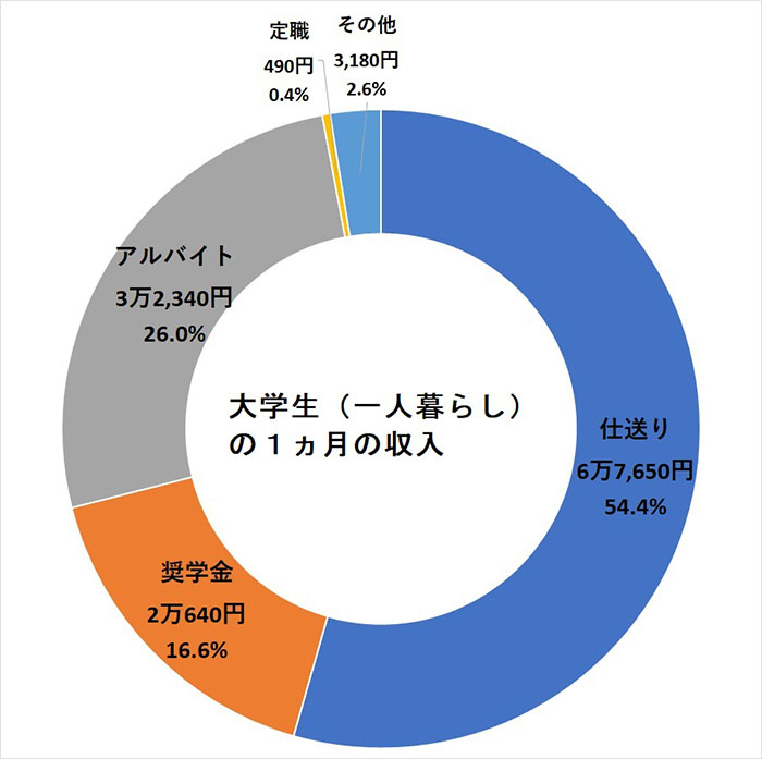 大学生（一人暮らし）の１ヵ月の収入内訳